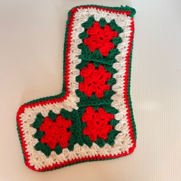 Vintage Crochet Granny Square Christmas Holiday Stocking White Red Green - Picture 2 of 6